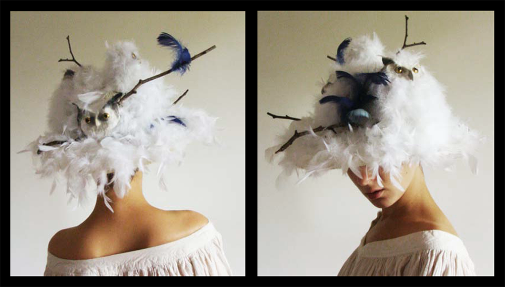 large border hat with feathers and owls