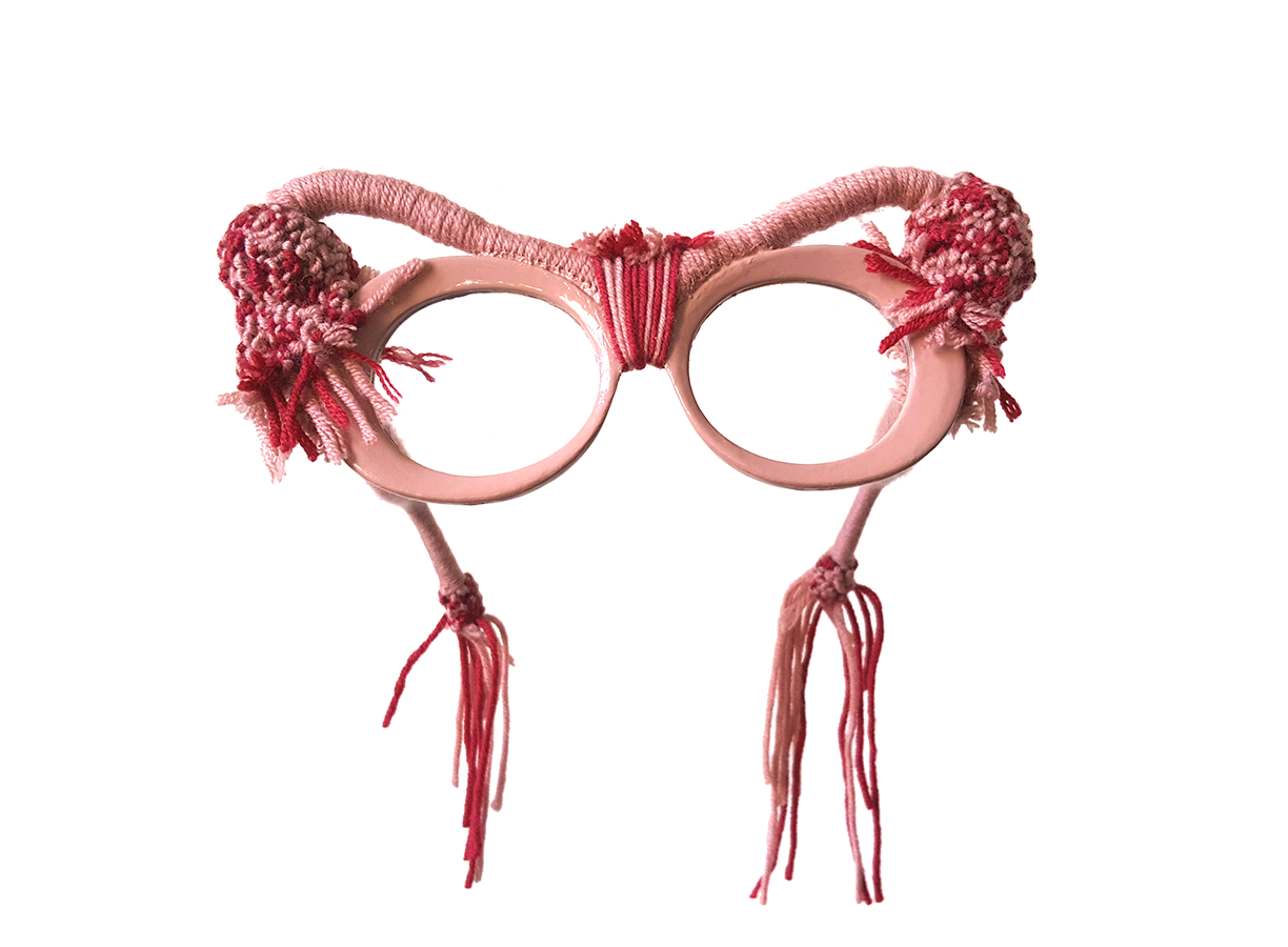 Wonder glasses design project made of pink and red wool thread